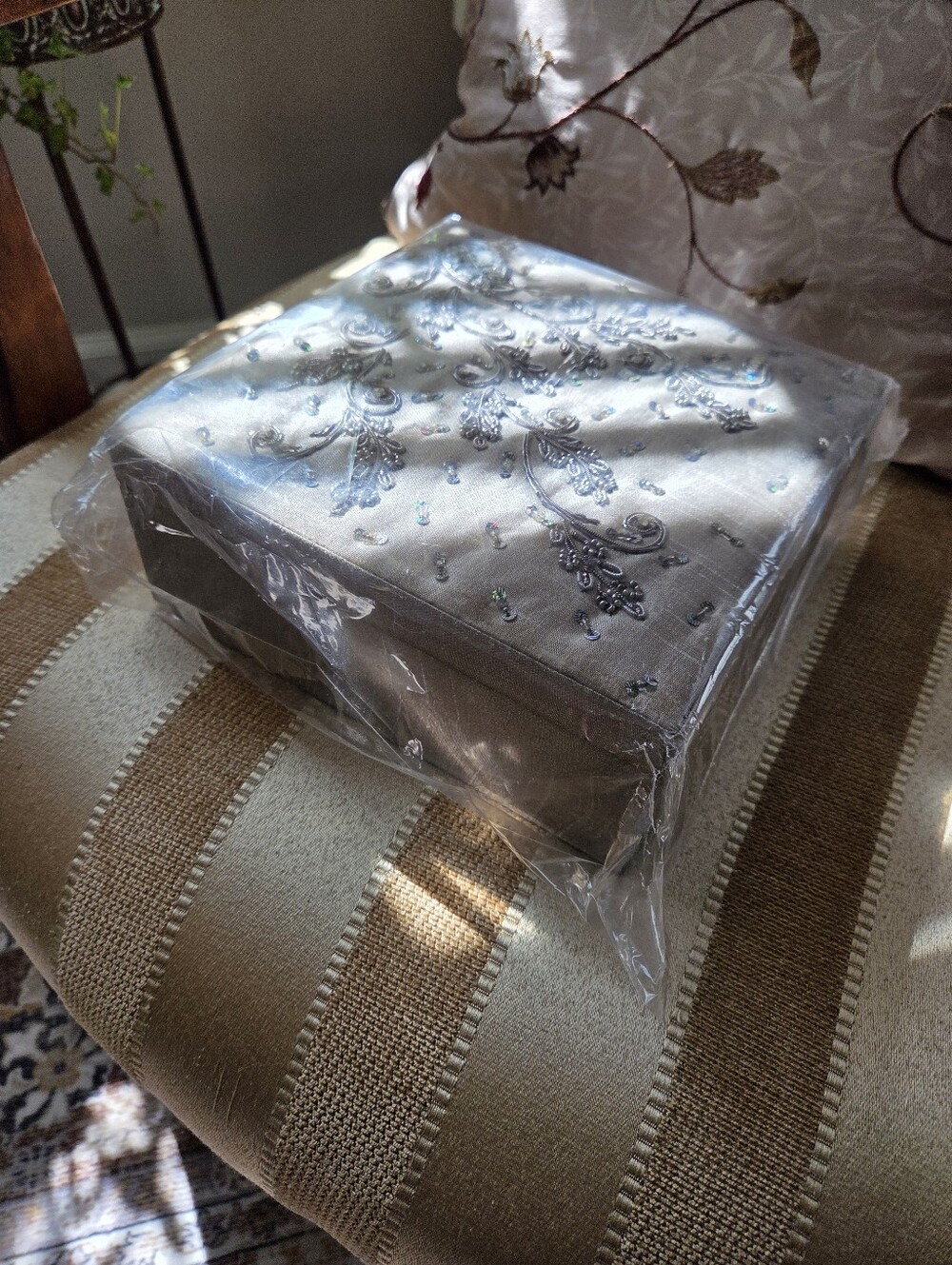 NWT Golden Hill Studio Hand-Embroidered 8"x8" Jewelry Box - Silver Beaded